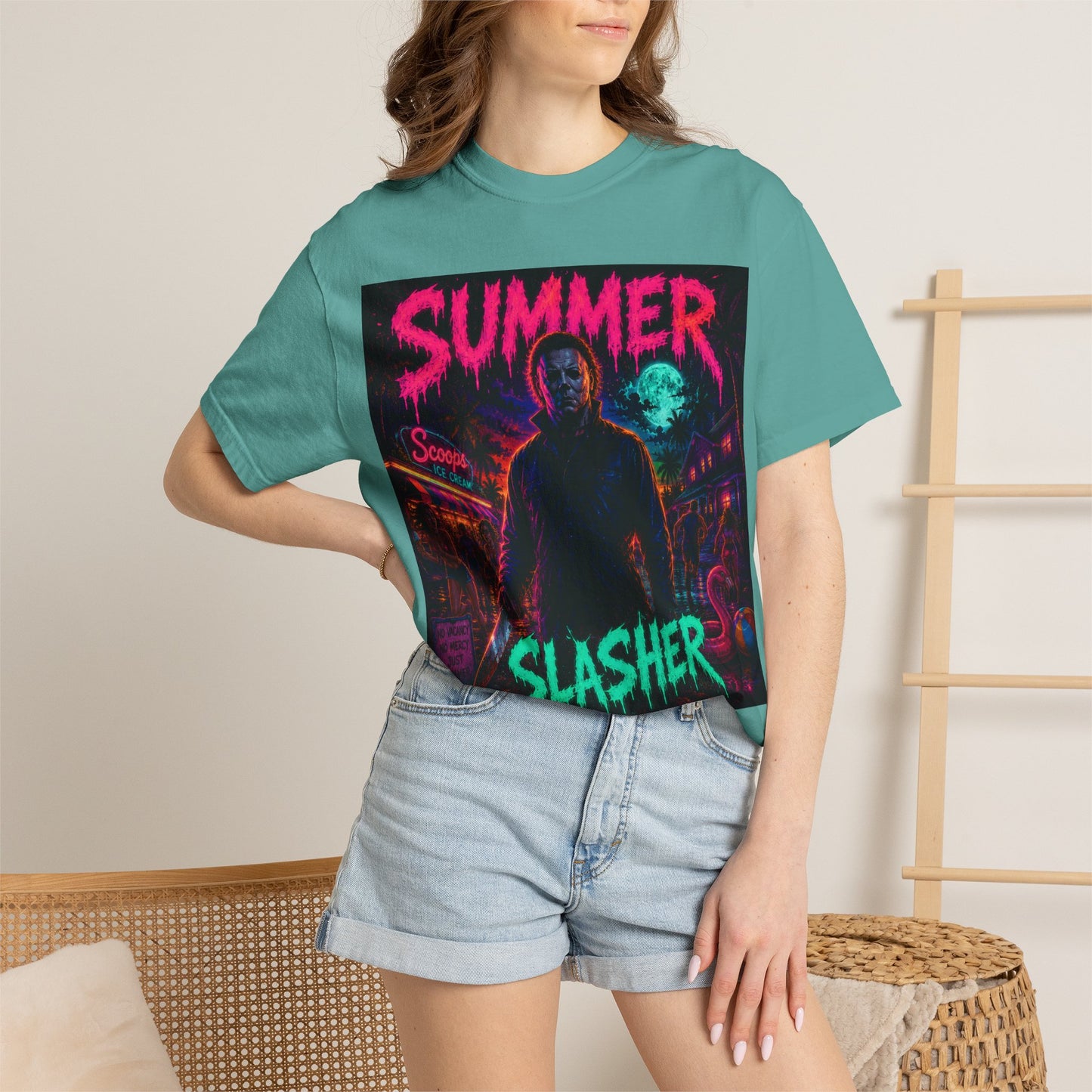 Summer Slasher T-Shirt Michael — Retro Neon Horror Graphic Tee
